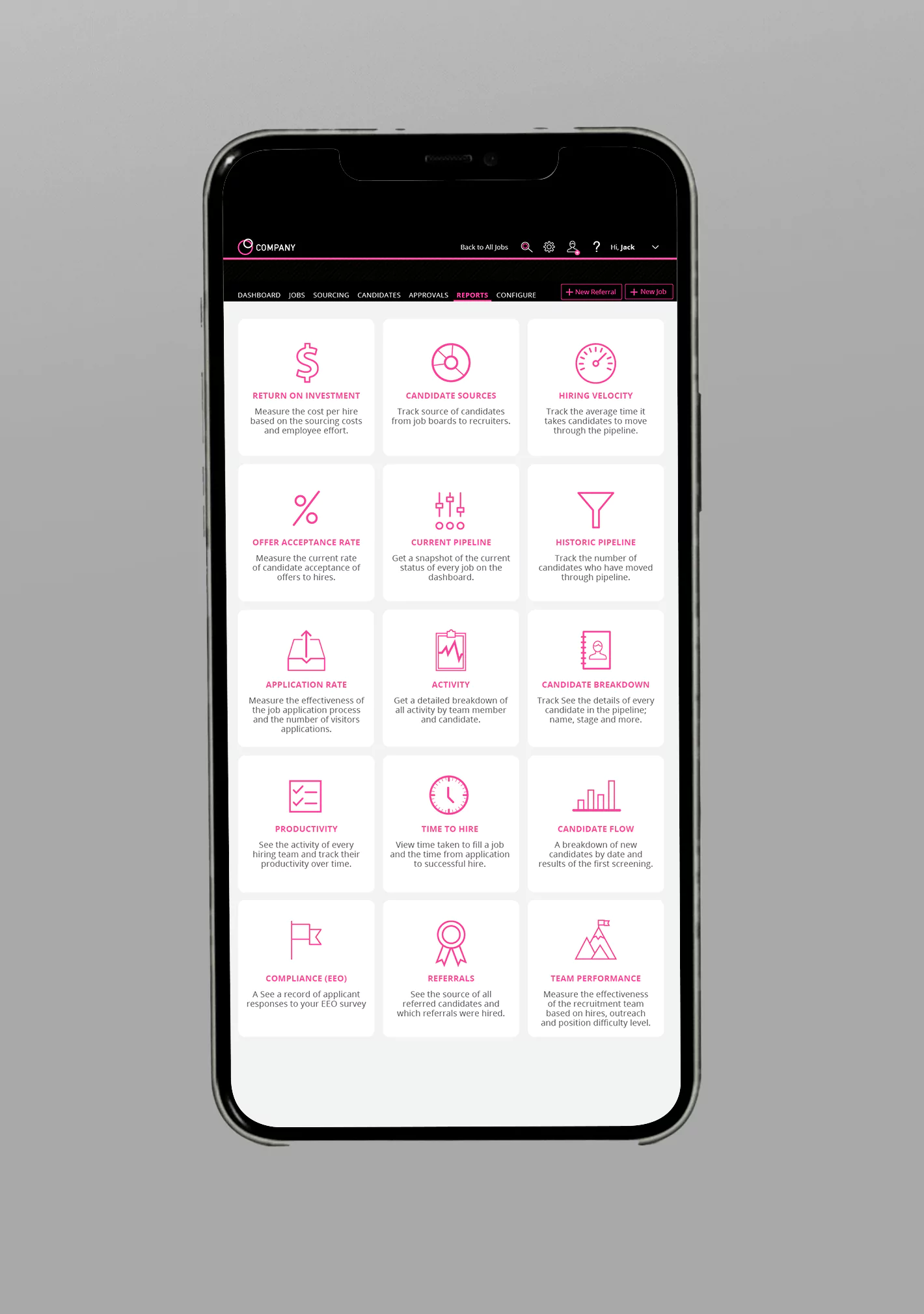 Mobile interface displaying a reports dashboard with various recruitment metrics such as return on investment, hiring velocity, candidate sources, and more.