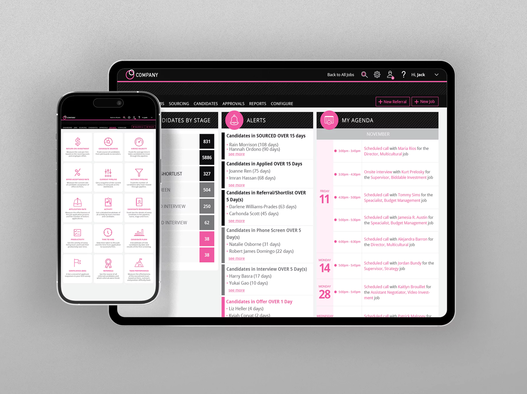 Tablet and mobile mockups displaying reports dashboard and various sections