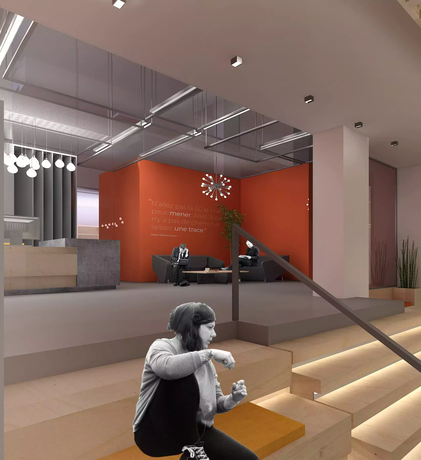 Lobby area with people sitting on steps and couches in a lit space with orange walls.